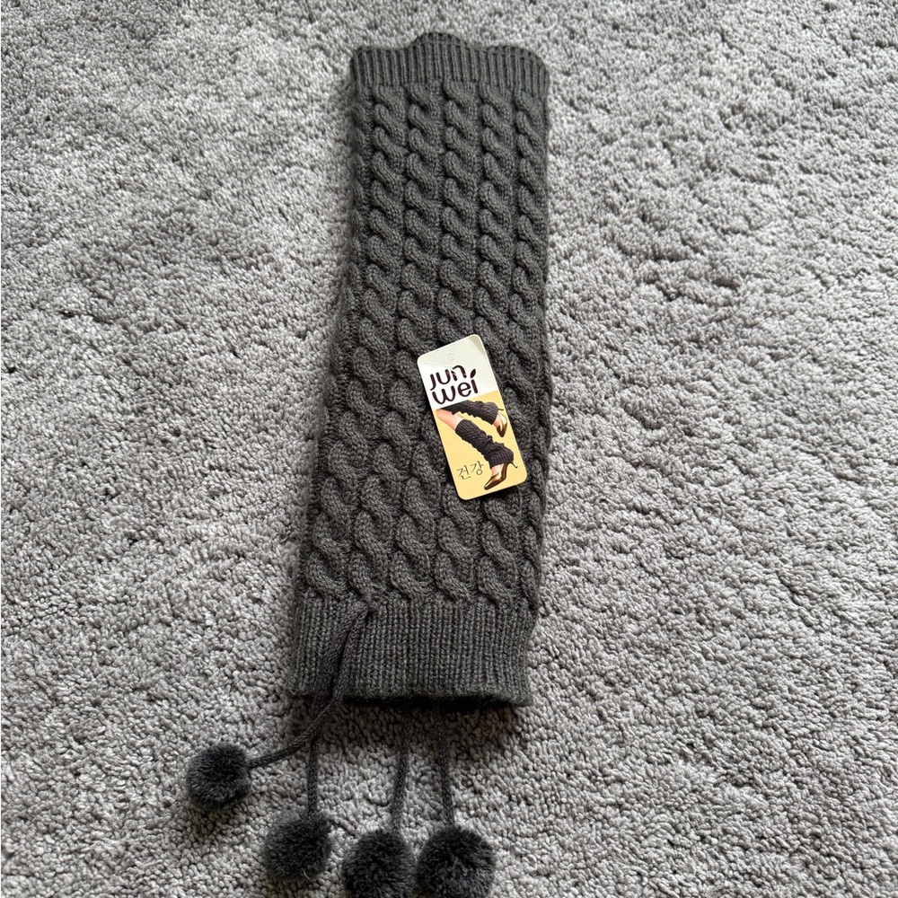 Gray Cable Knit Leg Warmers with Pom Poms